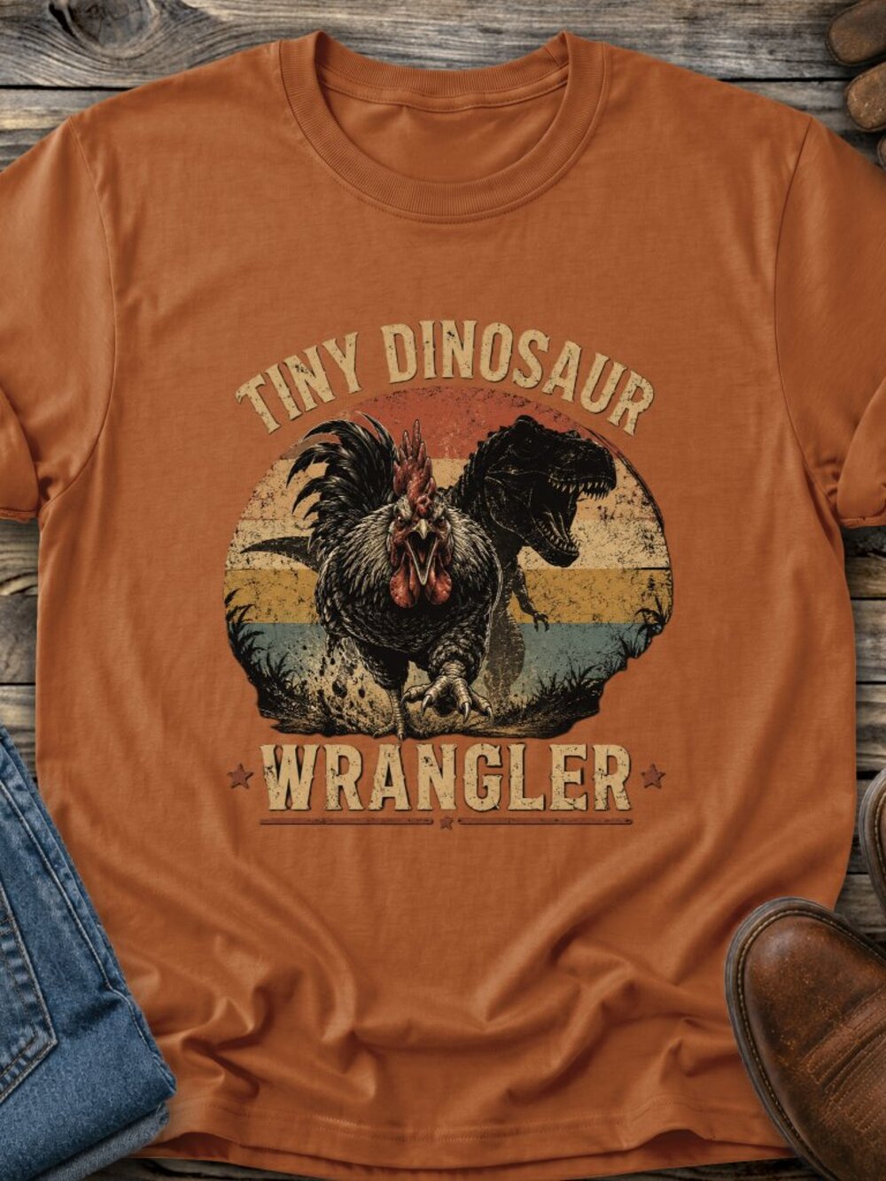 Tiny Dinosaur Wrangler Chicken TShirt Graphic Tee Funny Western Country Farm